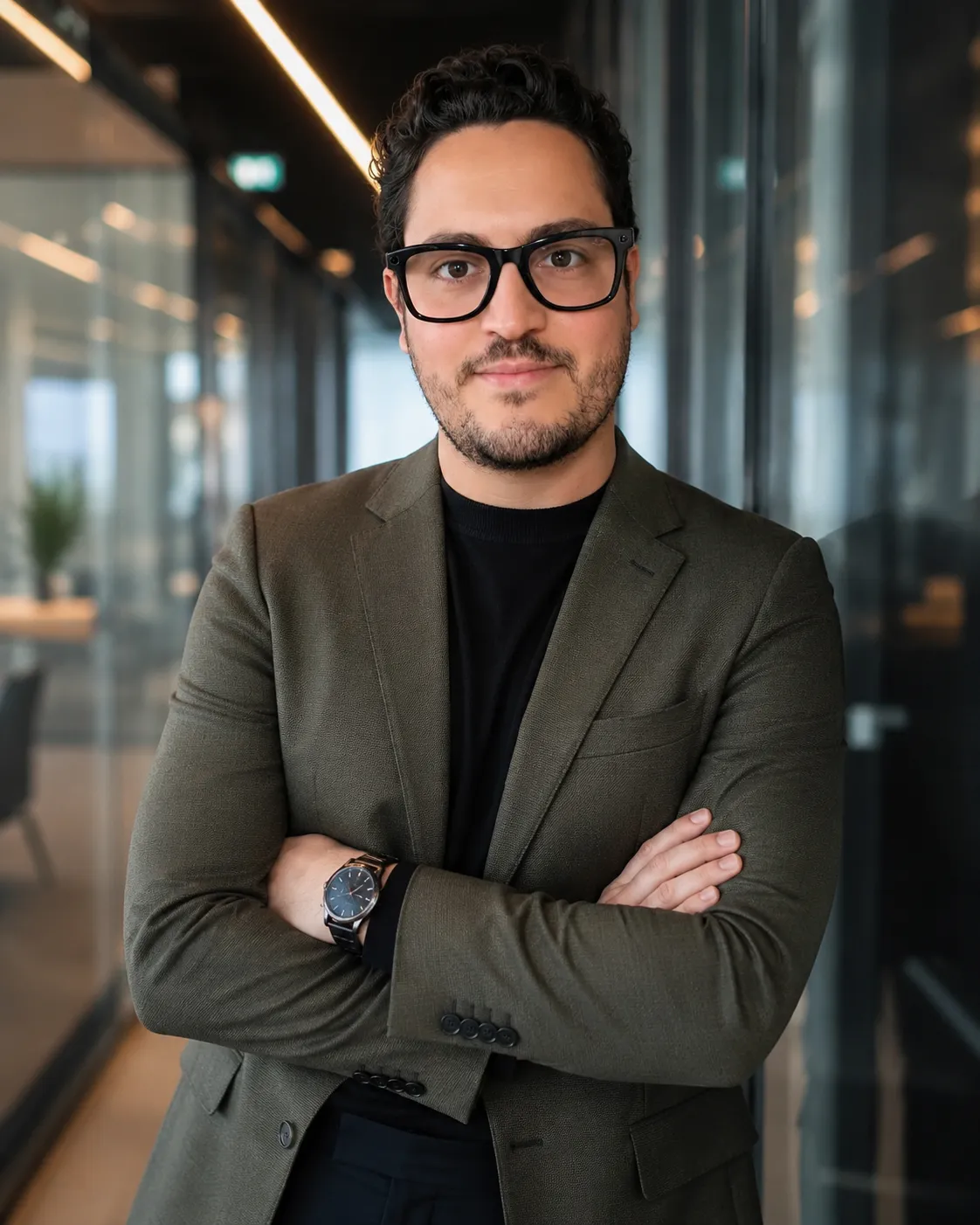 Marcílio Drummond de braços cruzados, blazer verde-oliva, em um corredor de vidro de arquitetura escura.