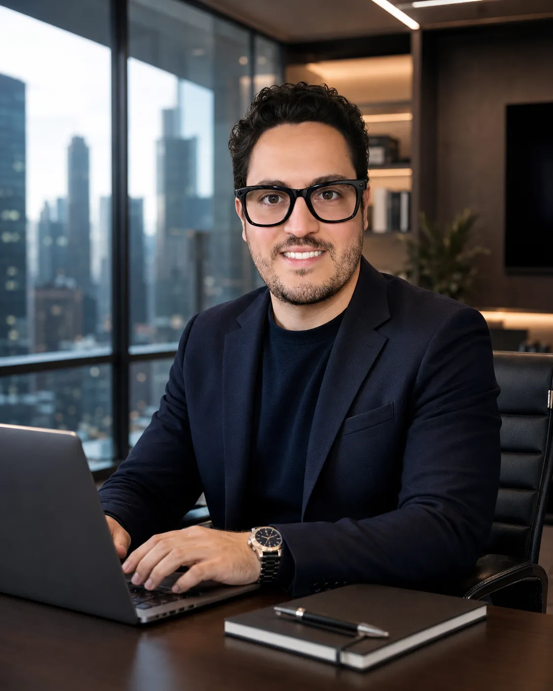 Marcílio Drummond sentado, digitando em um laptop e sorrindo, em um escritório executivo de luz quente e acolhedora.